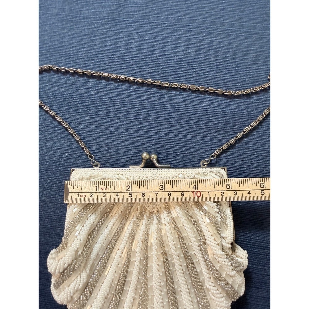 Vintage Beaded Shell Clutch Small White Silver Evening Bag Art Deco Mermaidcore - Picture 6 of 8